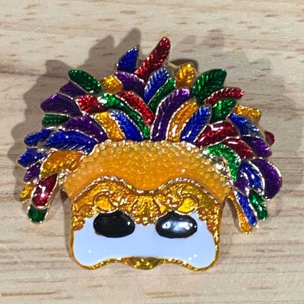 Mardi Gras Masquerade Mask Brooch Pendant‎ Enamel Feathered Pin Multicolor Gold